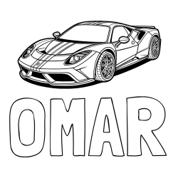 Pobarvanka imena OMAR in pobarvanka čudovitega športnega avtomobila