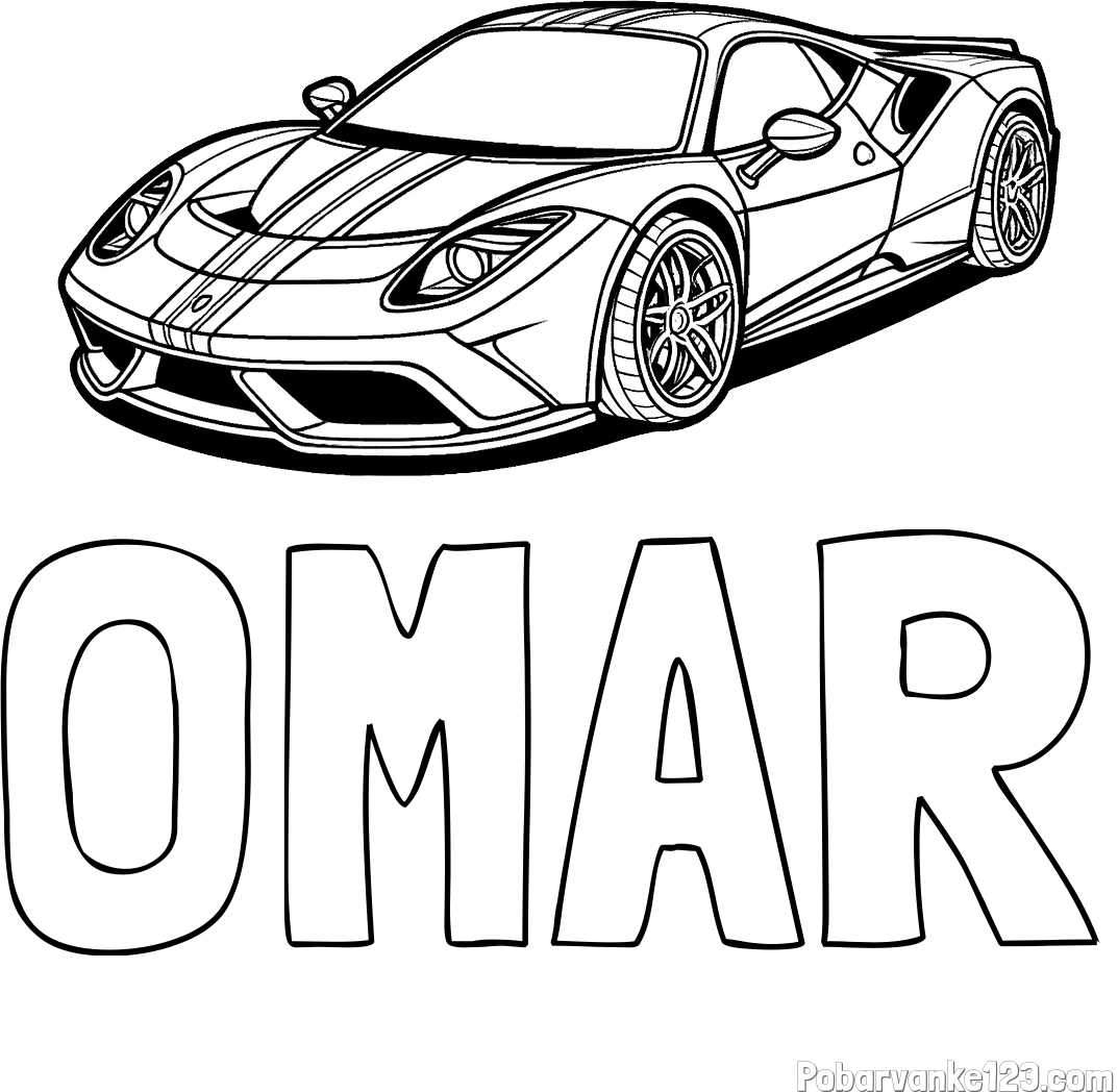 Pobarvanka imena OMAR in pobarvanka čudovitega športnega avtomobila
