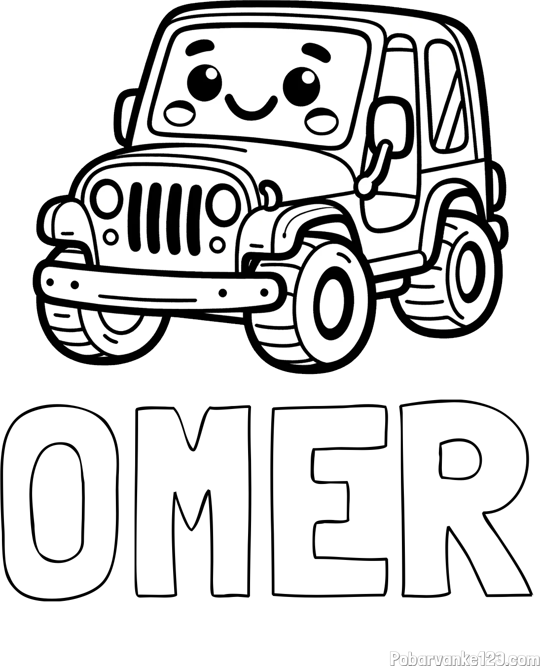 Pobarvanka imena OMER in otroška pobarvanka ljubkega džipa
