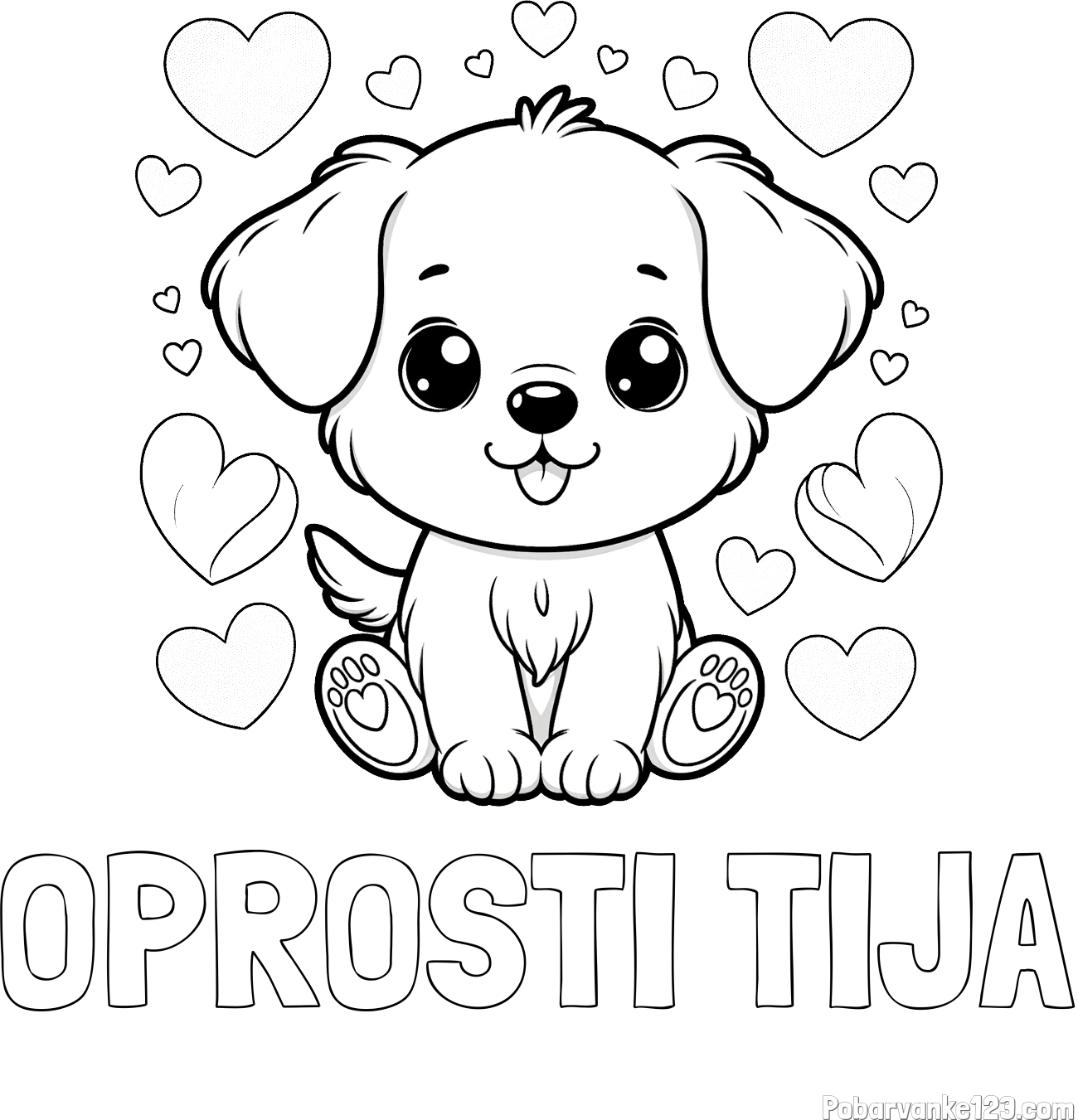 Pobarvanka imena OPROSTI TIJA in pobarvanka ljubkega kužka obdanega s srčki