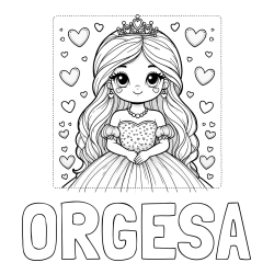 Online izdelana pobarvanka - Pobarvanka imena ORGESA in pobarvanka ljubke princese obdane s srčki