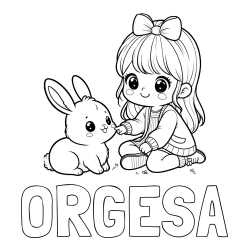 Online izdelana pobarvanka - Pobarvanka imena ORGESA in pobarvanka ljubke punčke, ki se igra z zajčkom