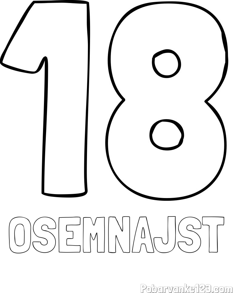 Pobarvanka imena OSEMNAJST in pobarvanka številke osemnajst (18)