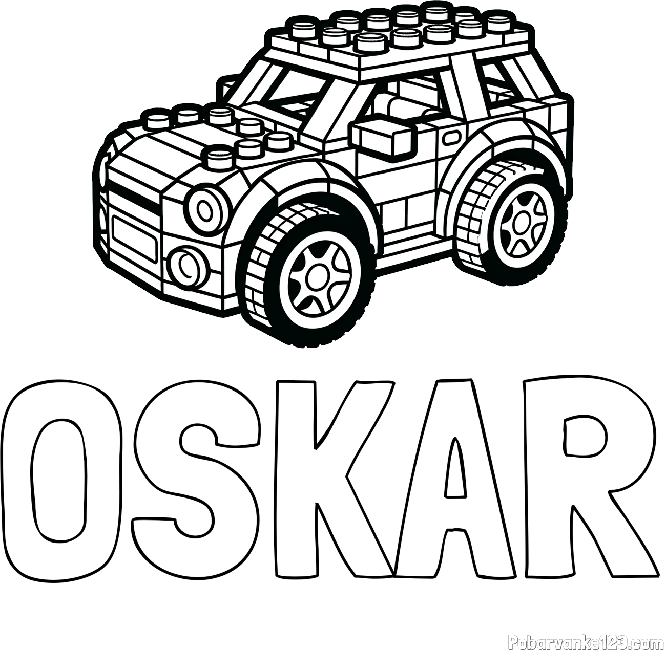Pobarvanka imena OSKAR in pobarvanka avtomobila sestavljenega iz LEGO kock