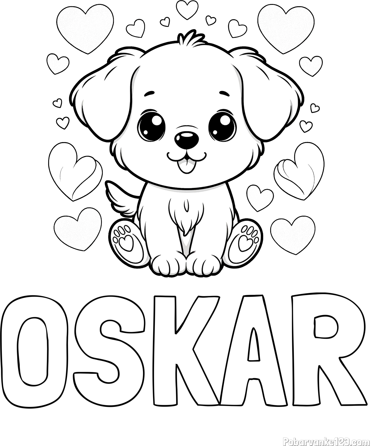 Pobarvanka imena OSKAR in pobarvanka ljubkega kužka obdanega s srčki