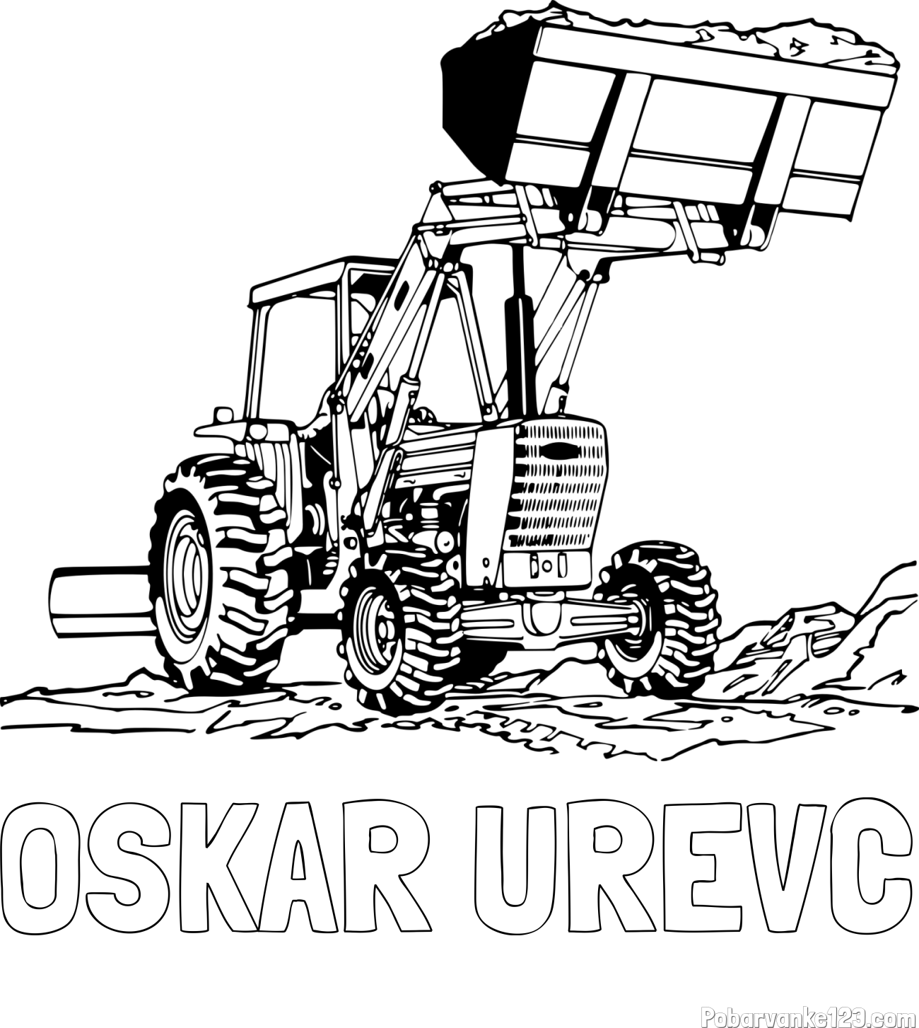 Pobarvanka imena OSKAR UREVC in pobarvanka velikega traktorja med prenosom zemljine