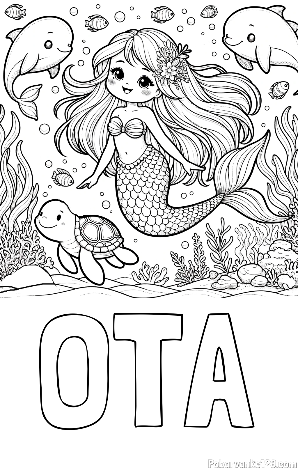 Pobarvanka imena OTA in pobarvana ljubke morske deklice s prijatelji
