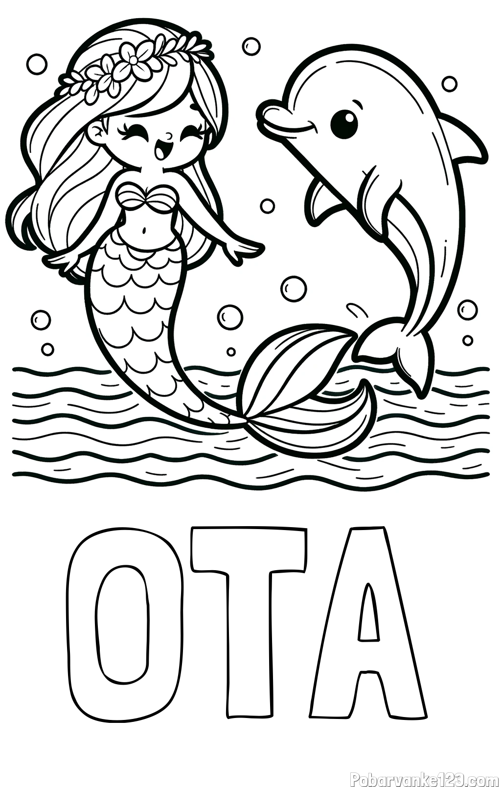 Pobarvanka imena OTA in pobarvanka ljubke morske deklice, ki pleše z delfinom