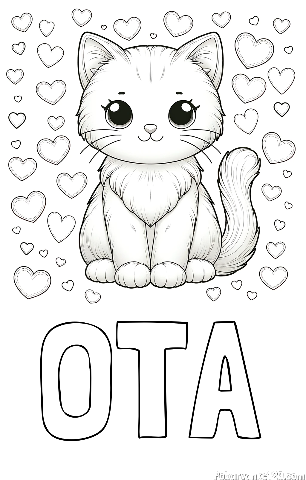 Pobarvanka imena OTA in pobarvanka ljubke mucke obdane s srčki