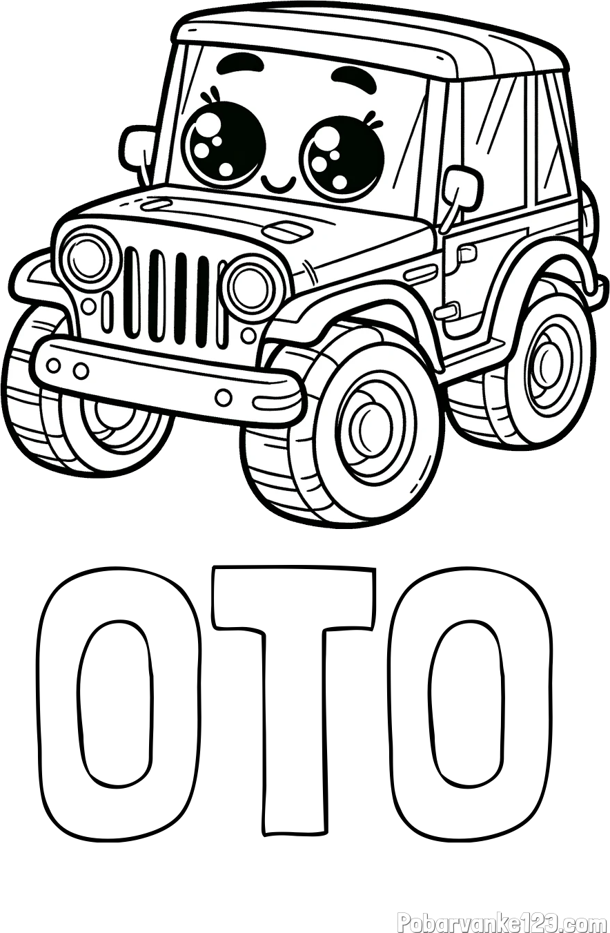 Pobarvanka imena OTO in otroška pobarvanka nasmejanega jeep-a