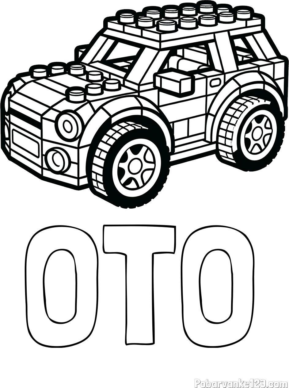 Pobarvanka imena OTO in pobarvanka avtomobila sestavljenega iz LEGO kock