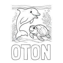 Online izdelana pobarvanka - Pobarvanka imena OTON in pobarvanka ljubkega delfina z želvo v morju