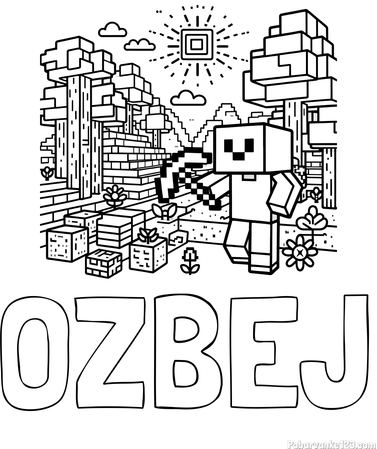 Pobarvanka imena OŽBEJ in pobarvanka Minecraft sveta