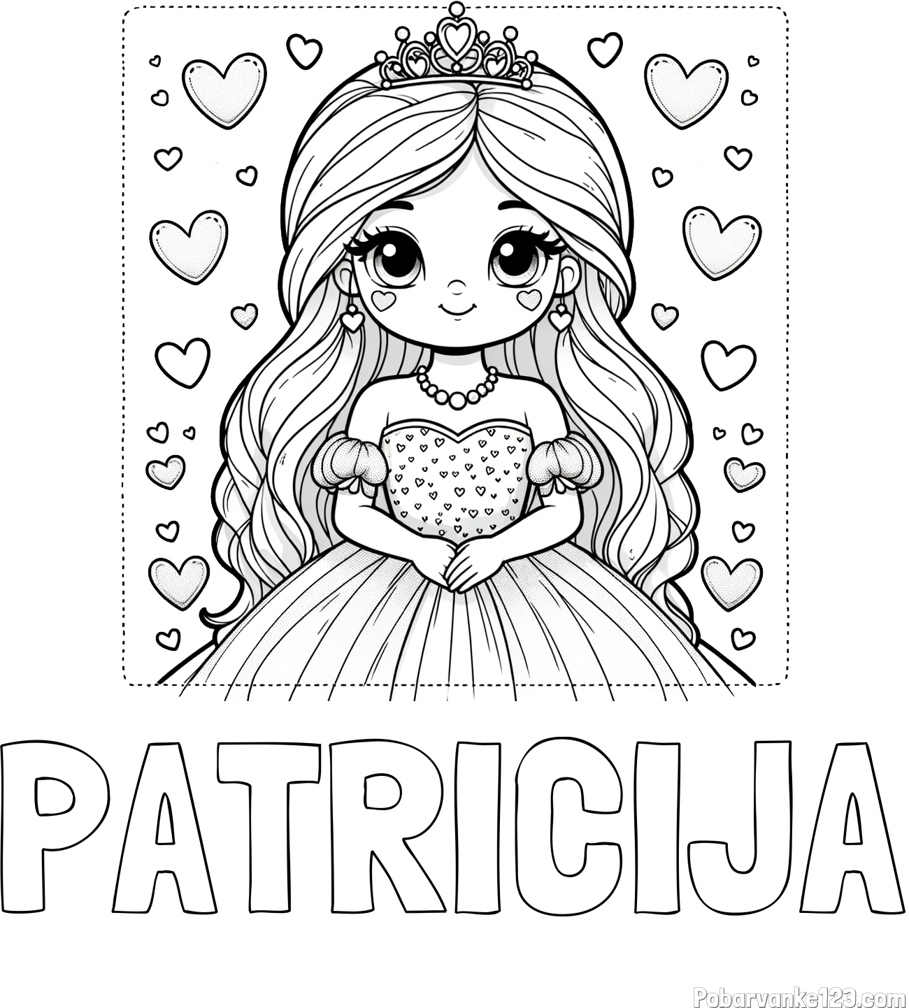 Pobarvanka imena PATRICIJA in pobarvanka ljubke princese obdane s srčki