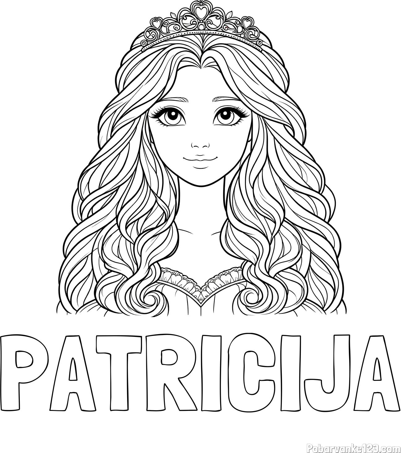 Pobarvanka imena PATRICIJA in pobarvanka ljubke princese z bujnimi lasmi