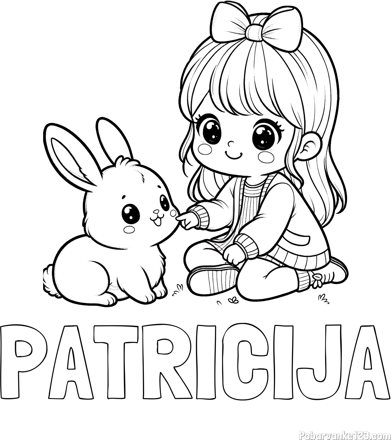 Pobarvanka imena PATRICIJA in pobarvanka ljubke punčke, ki se igra z zajčkom