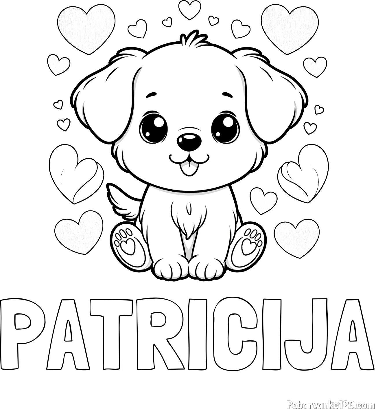 Pobarvanka imena PATRICIJA in pobarvanka ljubkega kužka obdanega s srčki