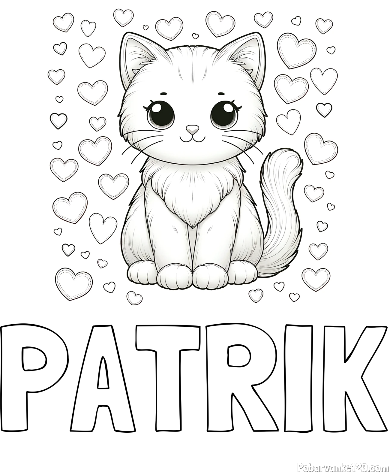 Pobarvanka imena PATRIK in pobarvanka ljubke mucke obdane s srčki