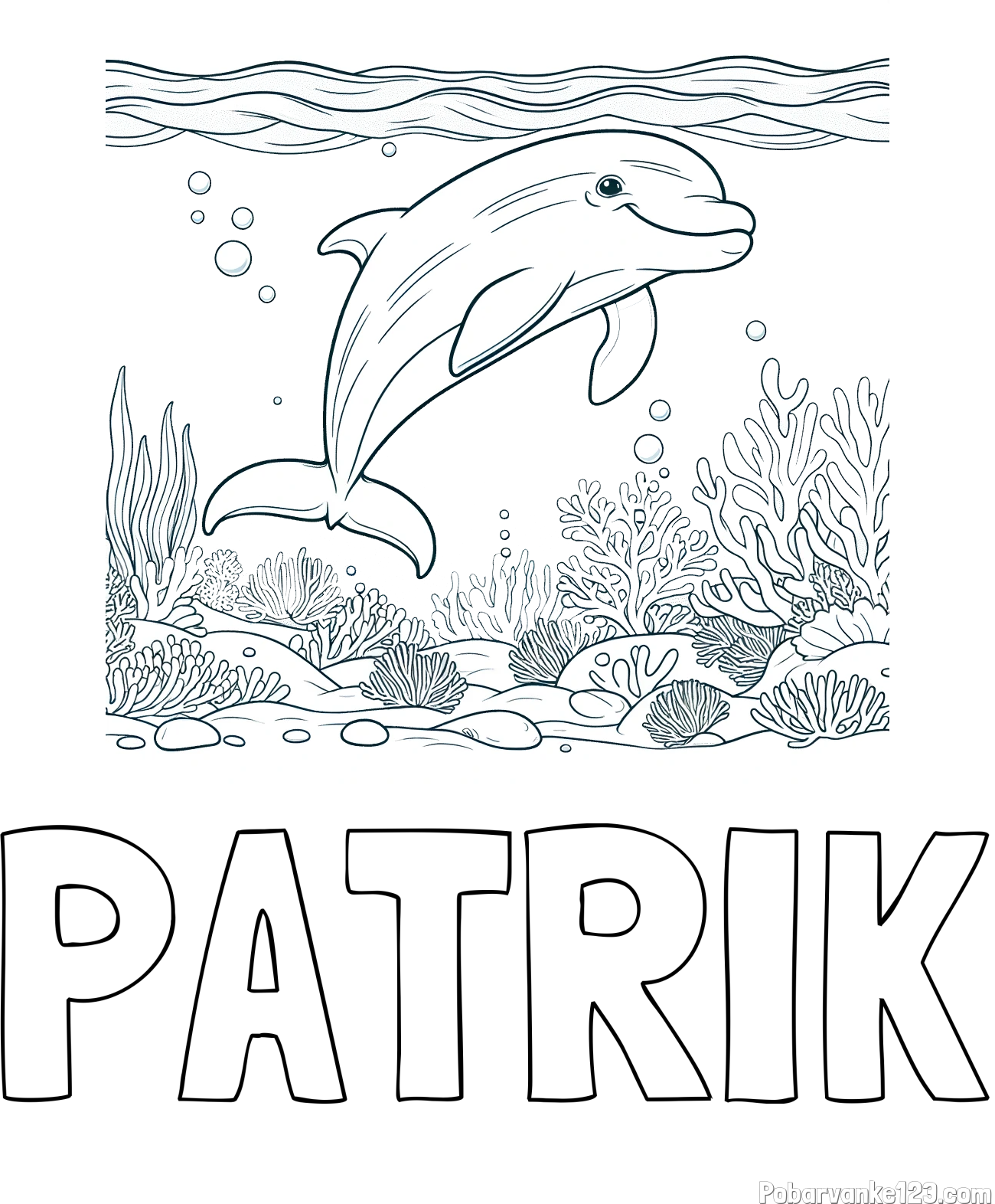 Pobarvanka imena PATRIK in pobarvanka ljubkega delfina med plavanjem v morju