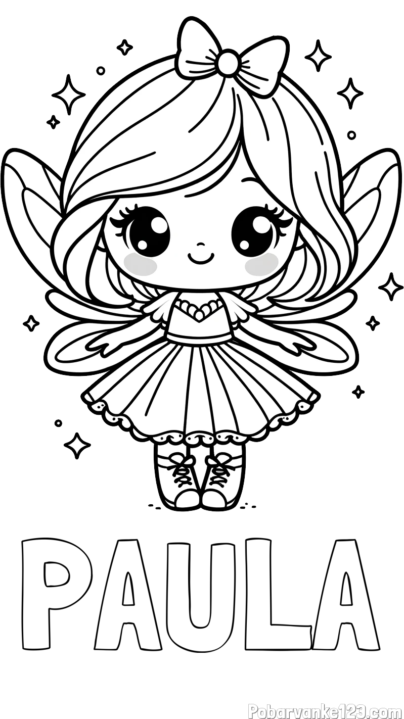 Pobarvanka imena PAULA in pobarvanka čarobne vile z ljubkim obrazom