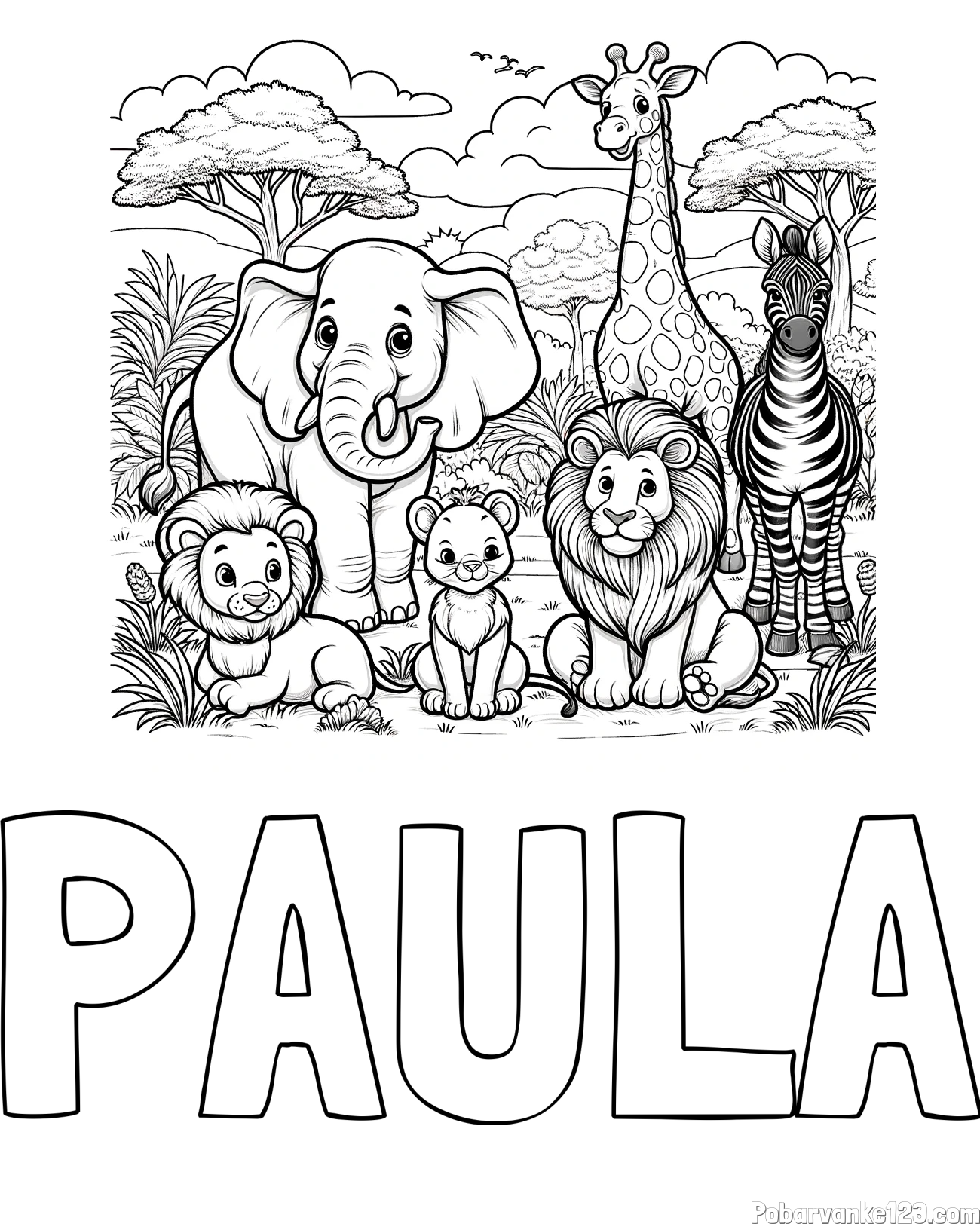 Pobarvanka imena PAULA in pobarvanka ljubkih živali