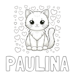 Pobarvanka imena PAULINA in pobarvanka ljubke mucke obdane s srčki