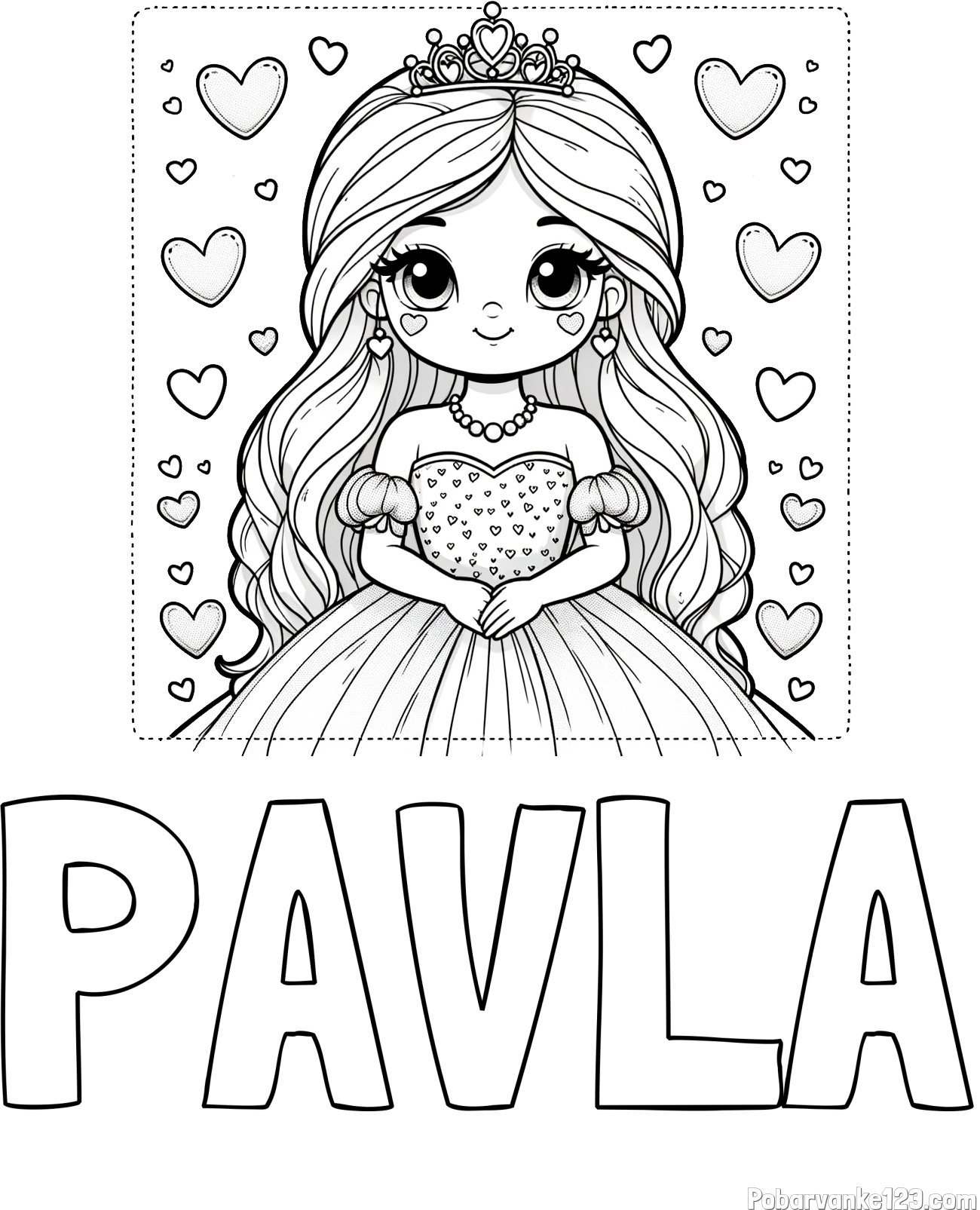 Pobarvanka imena PAVLA in pobarvanka ljubke princese obdane s srčki