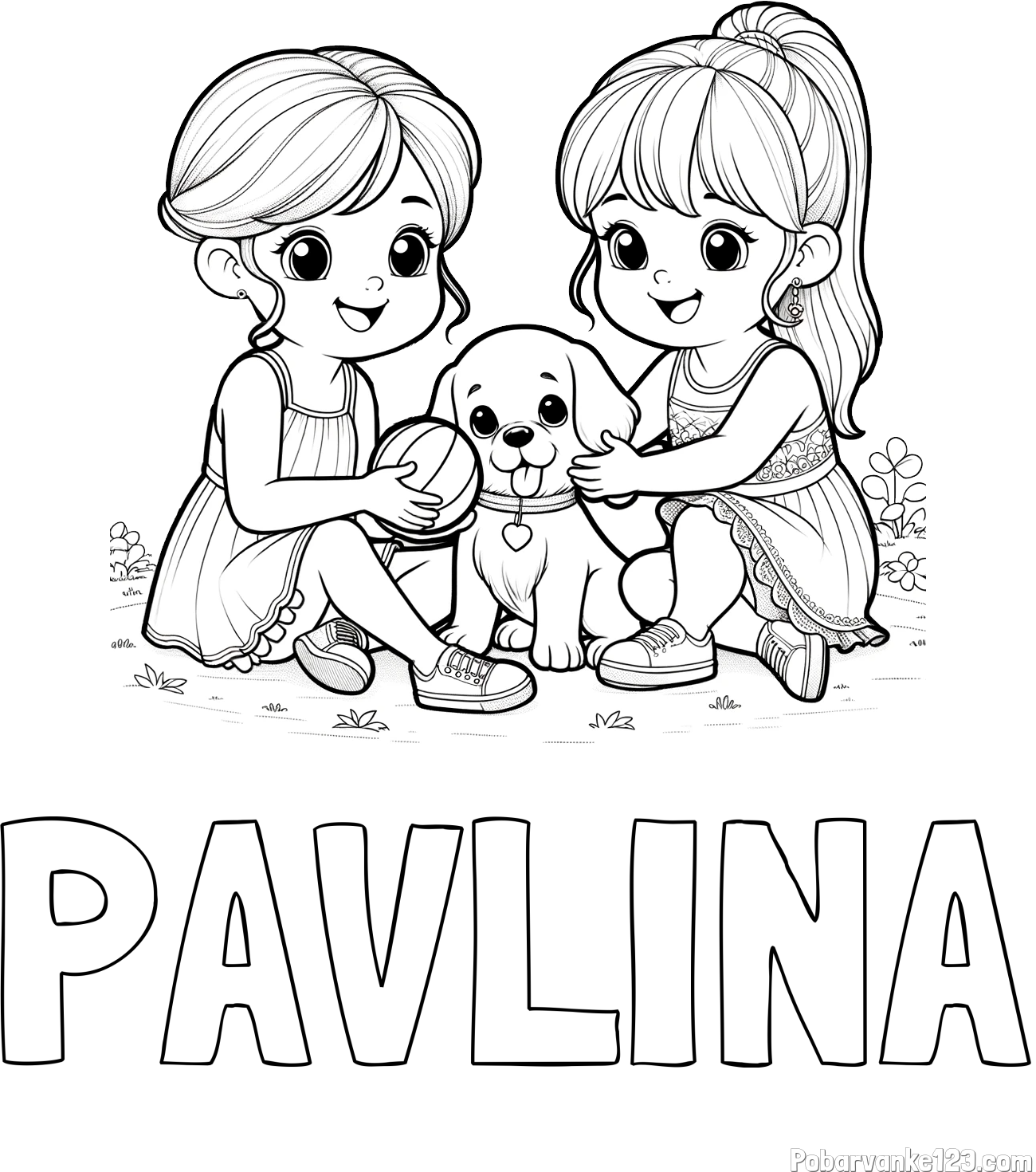 Pobarvanka imena PAVLINA in pobarvanka prijateljic s kužkom