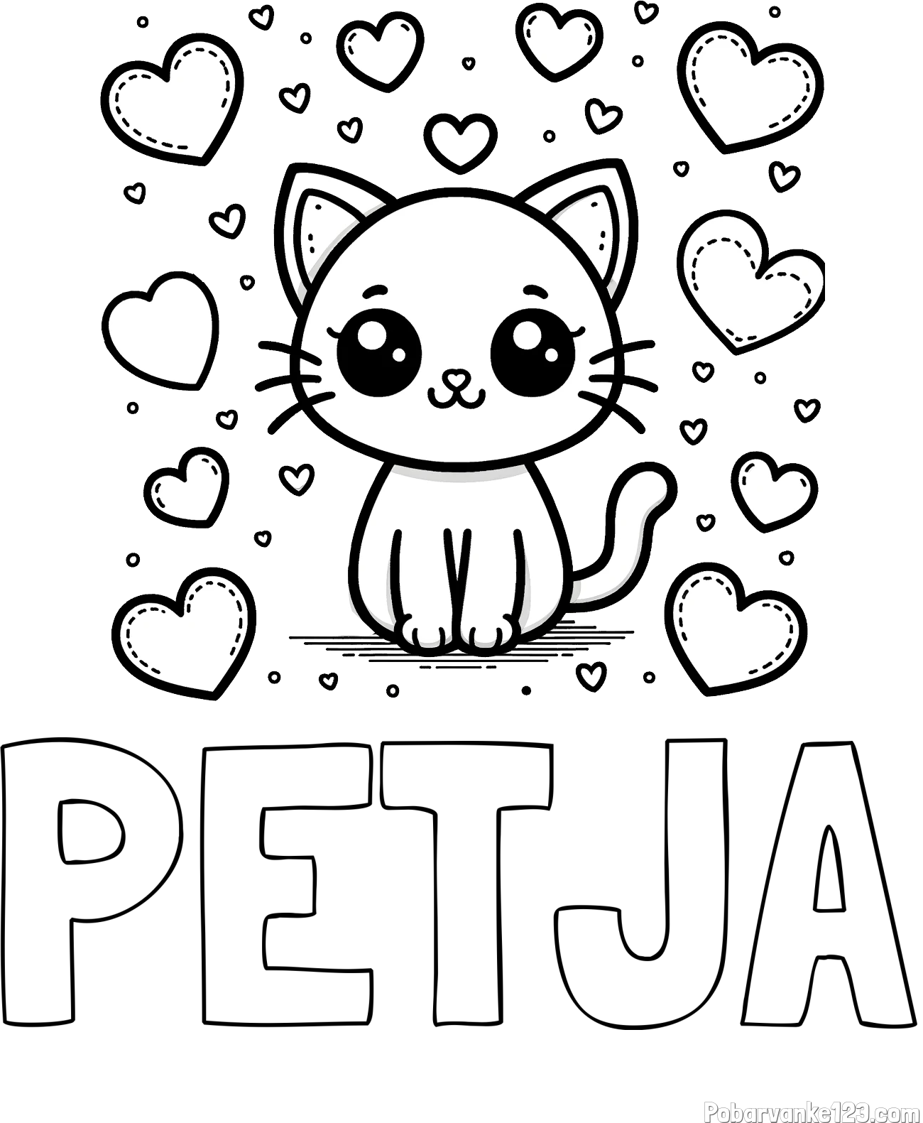 Pobarvanka imena PETJA in pobarvanka ljubke mucke obdane z veliko srčki