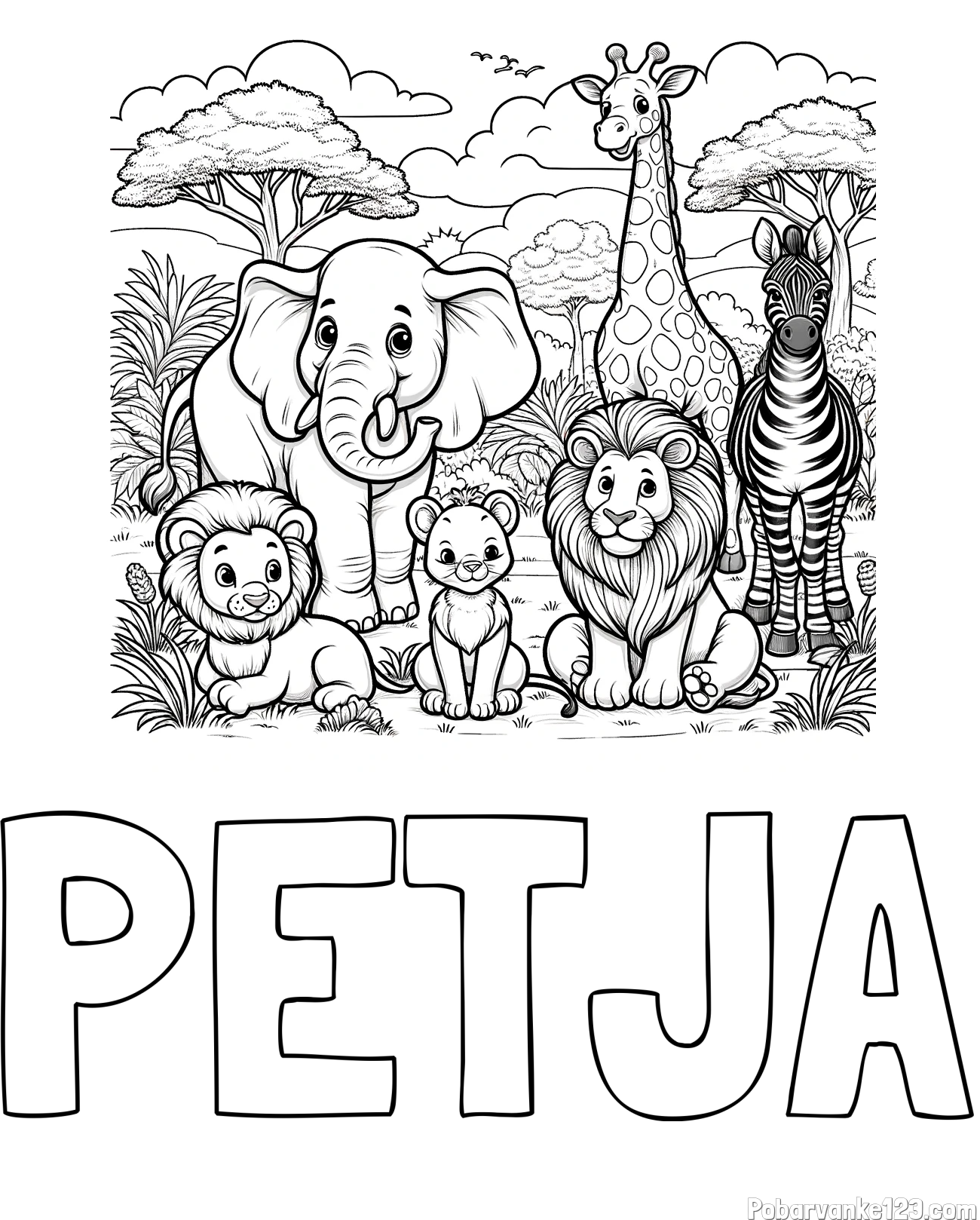 Pobarvanka imena PETJA in pobarvanka ljubkih živali