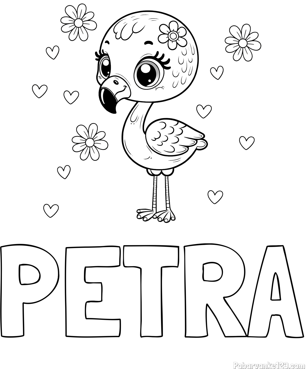 Pobarvanka imena PETRA in pobarvanka mladička flaminga z rožicami in srčki