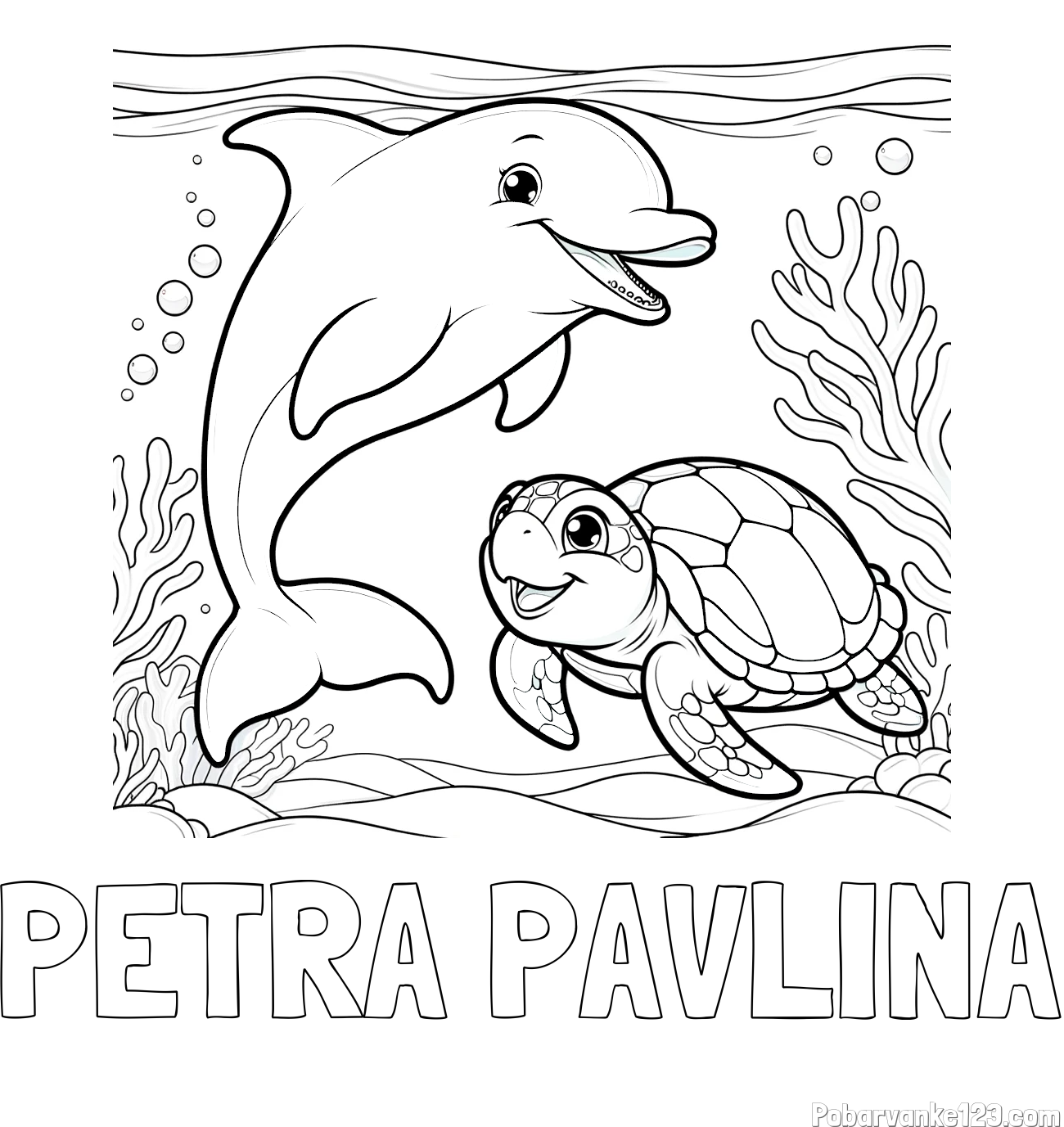 Pobarvanka imena PETRA PAVLINA in pobarvanka ljubkega delfina z želvo v morju