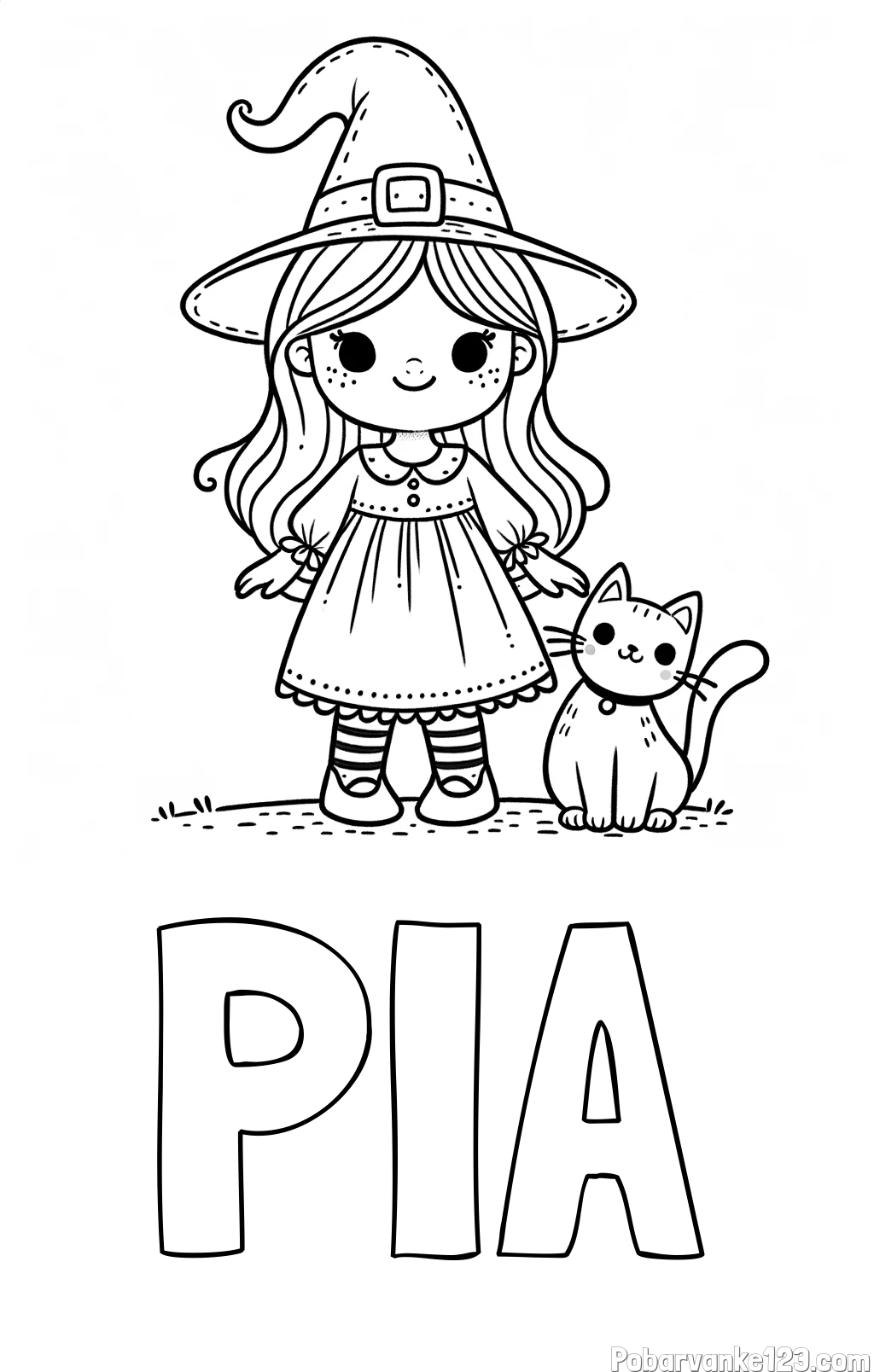 Pobarvanka imena PIA in Čudovita pobarvanka ljubke čarovnice in nasmejane mačke