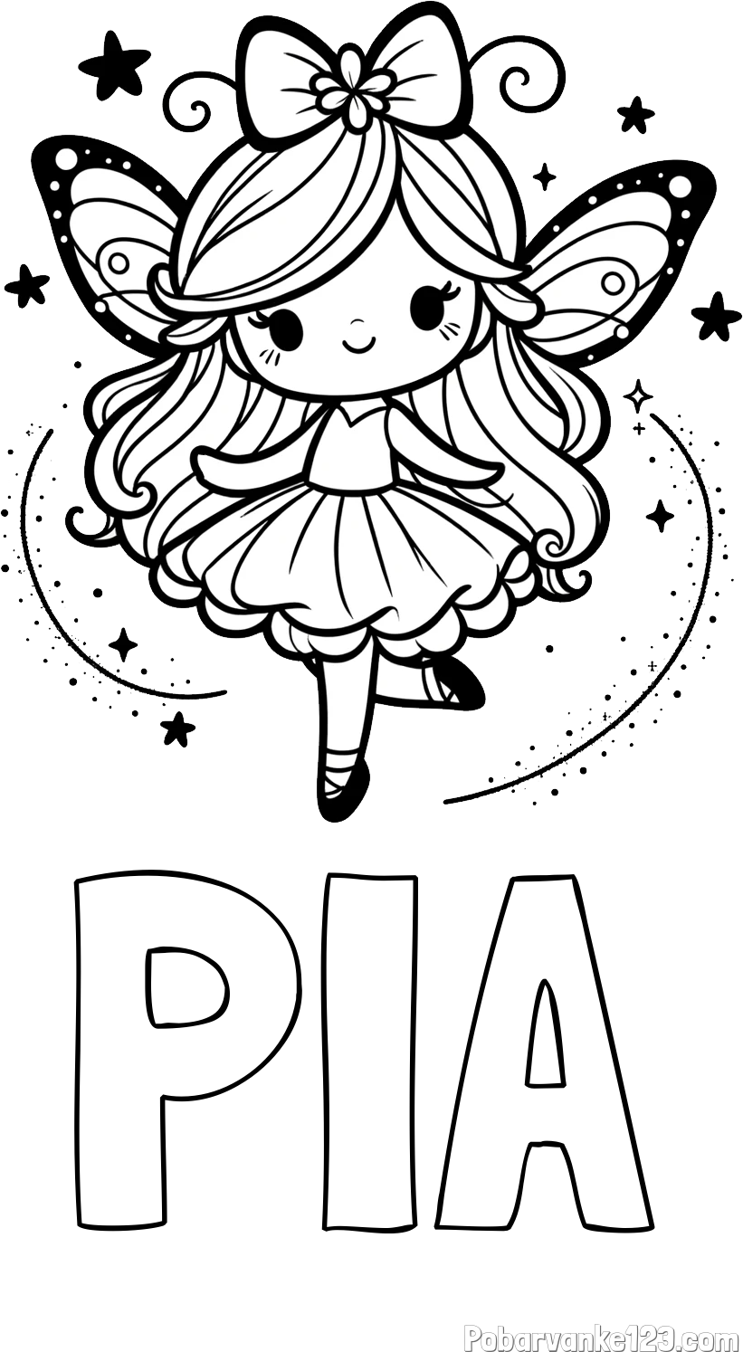 Pobarvanka imena PIA in ljubka čarobna vila