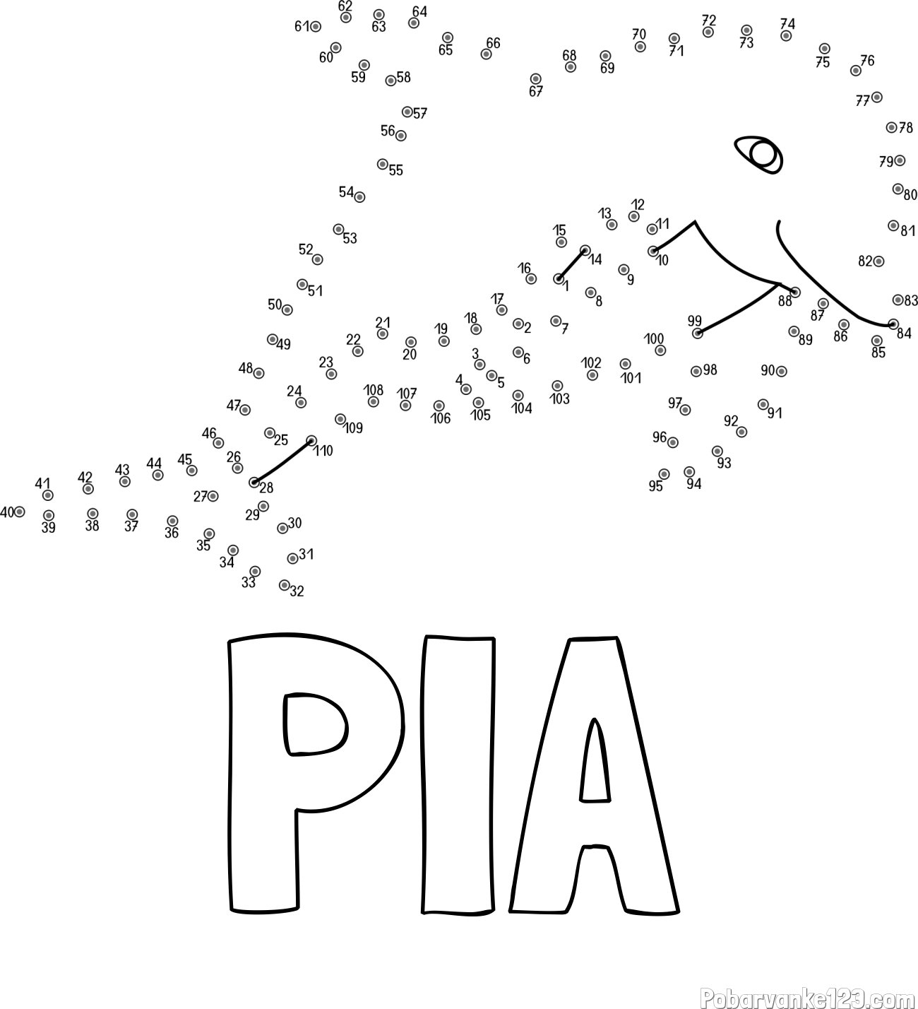 Pobarvanka imena PIA in pobarvanka delfina - poveži številke