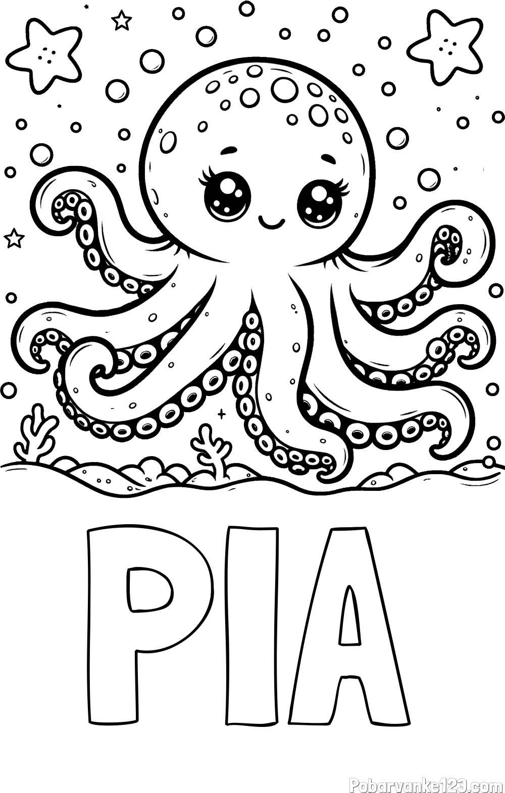 Pobarvanka imena PIA in pobarvanka hobotnice v morju obdane z morskimi zvezdami