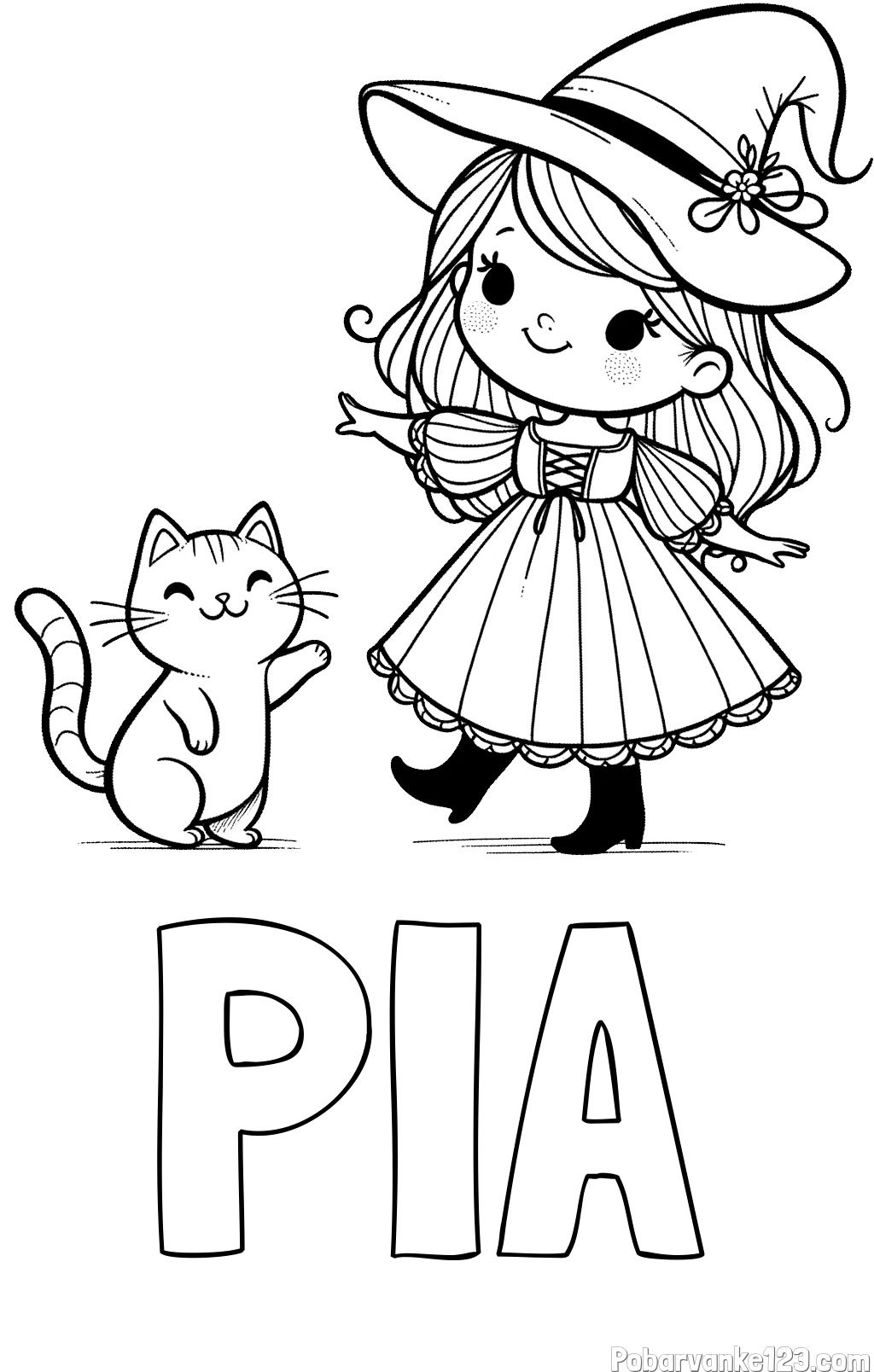 Pobarvanka imena PIA in pobarvanka ljubke čarovnice ter podrednega mačka