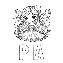 Pobarvanka imena PIA in pobarvanka ljubke in nasmejane čarobne vile