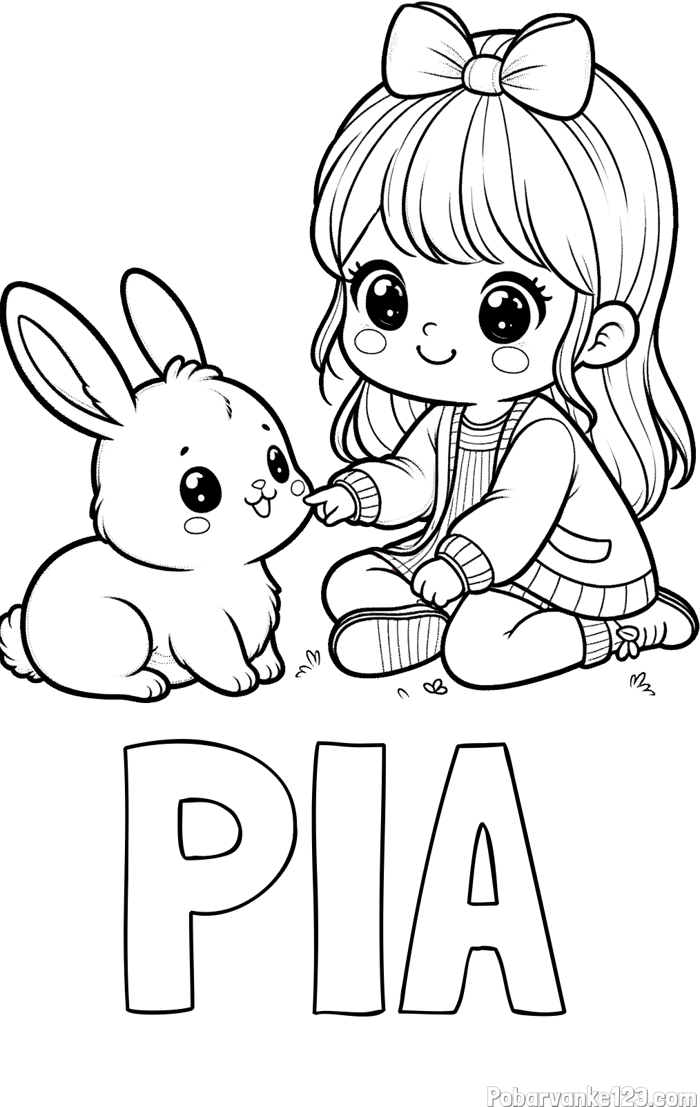 Pobarvanka imena PIA in pobarvanka ljubke punčke, ki se igra z zajčkom