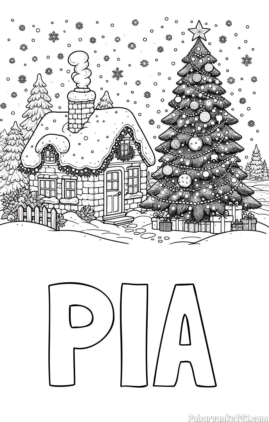 Pobarvanka imena PIA in pobarvanka zasnežene hiške na božično noč