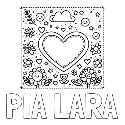 Online izdelana pobarvanka - Pobarvanka imena PIA LARA in pobarvanka srčka ter rožic