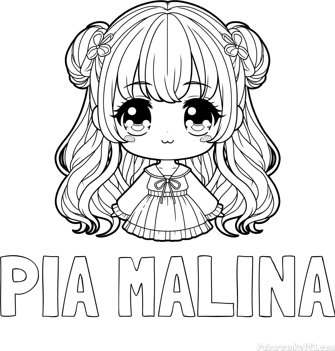 Pobarvanka imena PIA MALINA in pobarvanka prikupne punčke v anime slogu