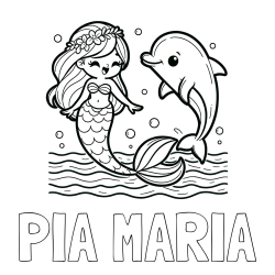 Online izdelana pobarvanka - Pobarvanka imena PIA MARIA in pobarvanka ljubke morske deklice, ki pleše z delfinom