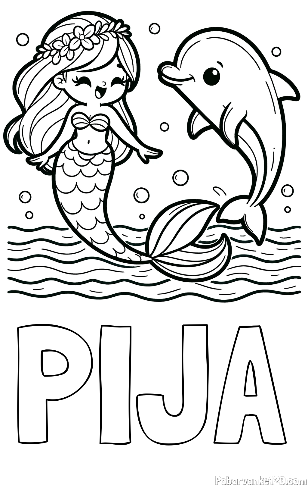Pobarvanka imena PIJA in pobarvanka ljubke morske deklice, ki pleše z delfinom