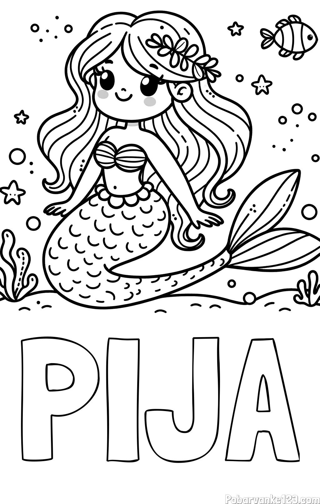 Pobarvanka imena PIJA in pobarvanka ljubke morske deklice v morju