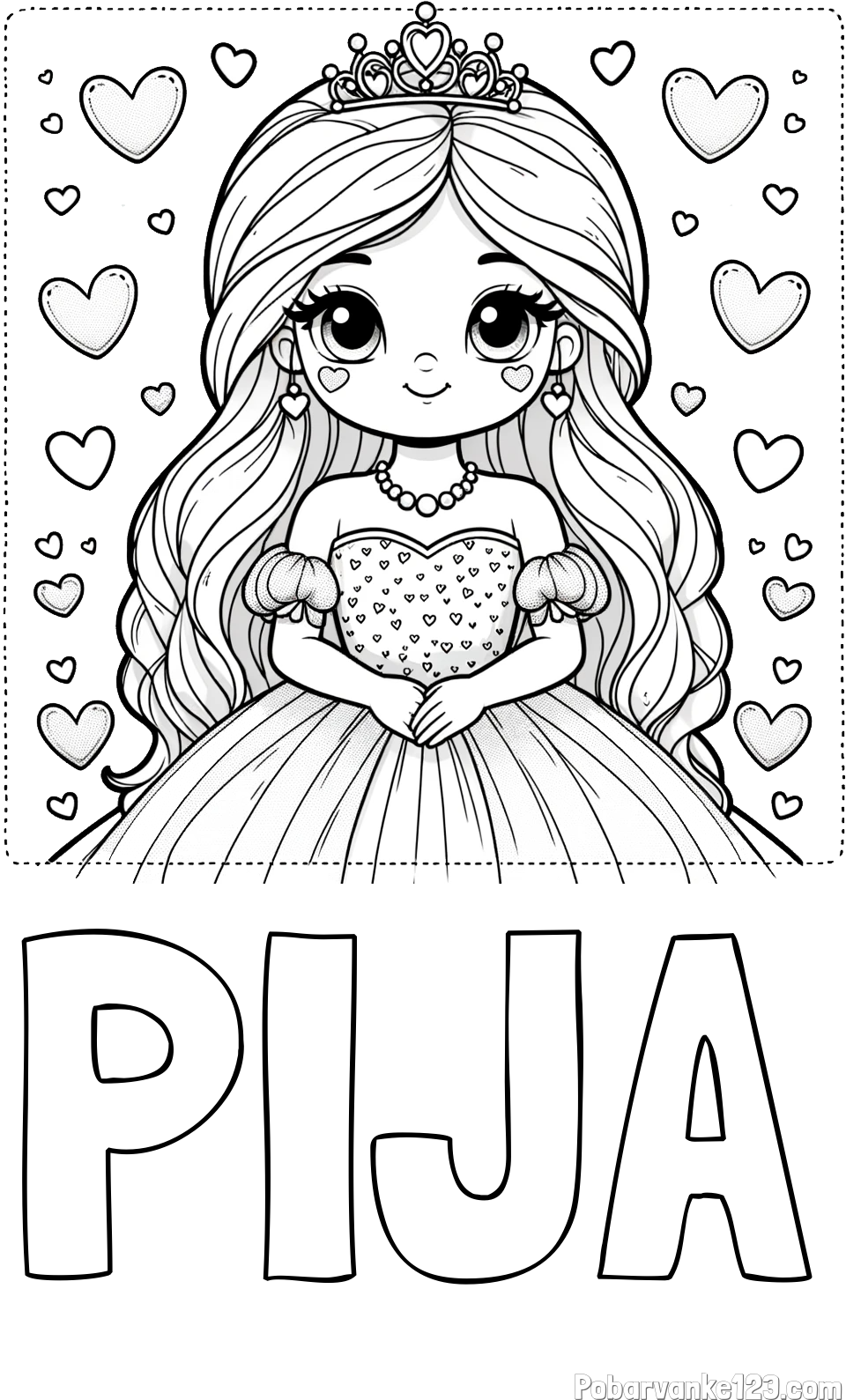 Pobarvanka imena PIJA in pobarvanka ljubke princese obdane s srčki