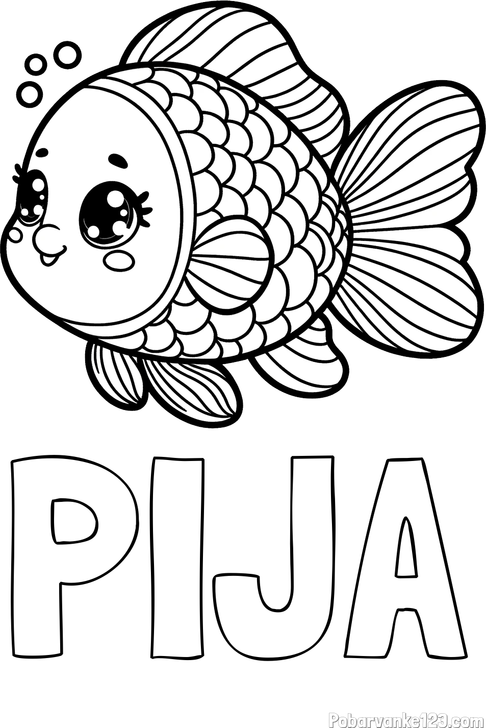 Pobarvanka imena PIJA in pobarvanka ribe z bujnimi plavutmi