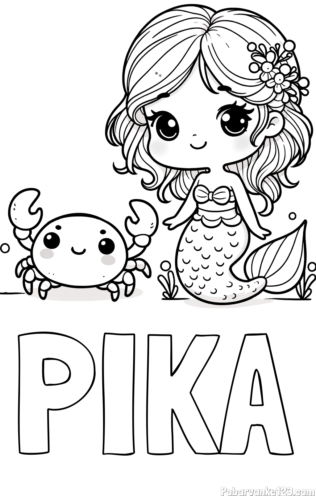 Pobarvanka imena PIKA in pobarvanka ljubke morske deklice in veselega raka