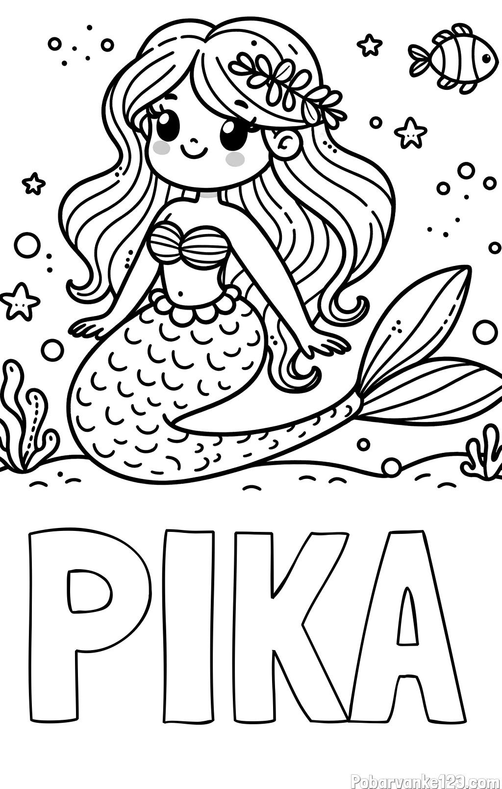 Pobarvanka imena PIKA in pobarvanka ljubke morske deklice v morju