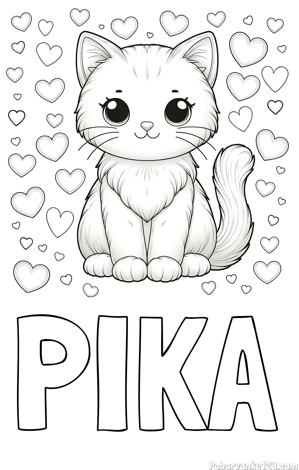 Pobarvanka imena PIKA in pobarvanka ljubke mucke obdane s srčki